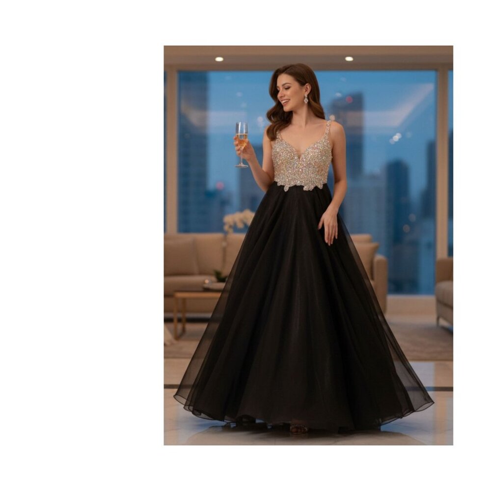 Prom Gown Rhinestone Mesh Beaded Black Formal Dress Glam Sparklecore Fairycore S